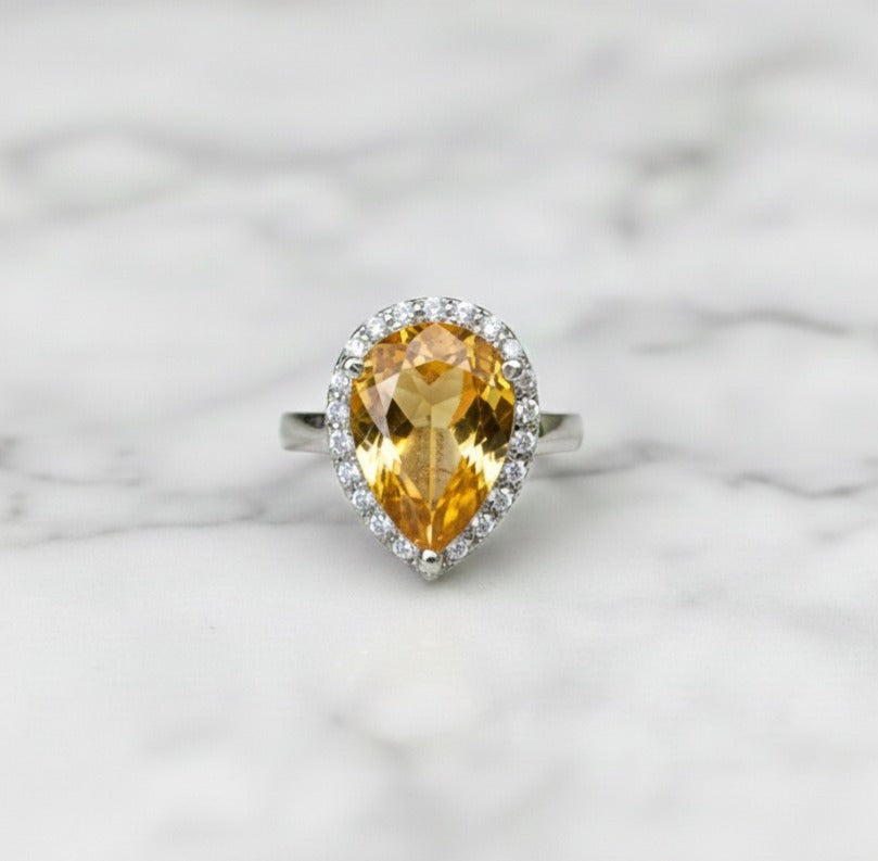 Natural Yellow Citrine Ring – 6×8 mm Pear Cut | 925 Sterling Silver