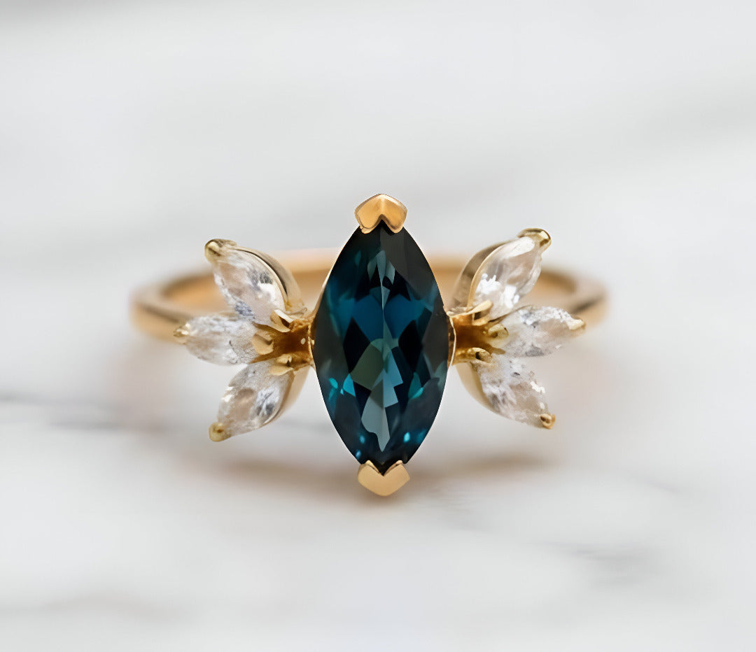 London Blue Topaz Marquise Ring – 5×10 mm with Moissanite Accent Stones | Gold Plated 925 Sterling Silver