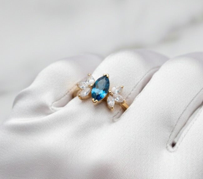 London Blue Topaz Marquise Ring – 5×10 mm with Moissanite Accent Stones | Gold Plated 925 Sterling Silver