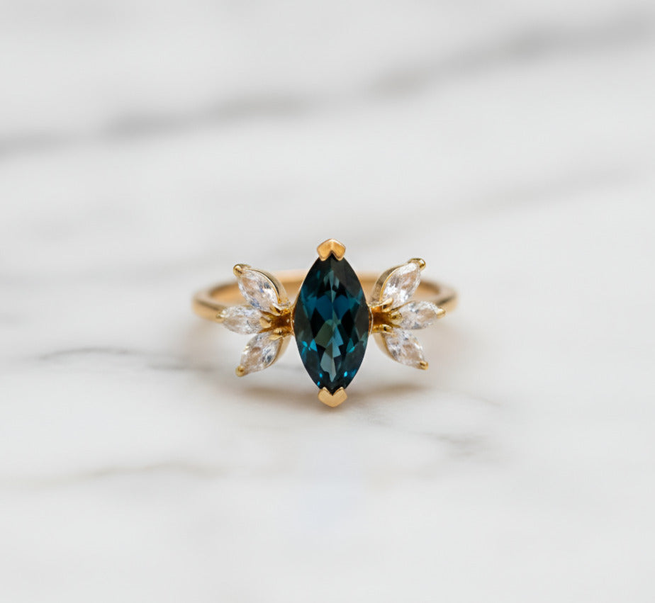 London Blue Topaz Marquise Ring – 5×10 mm with Moissanite Accent Stones | Gold Plated 925 Sterling Silver