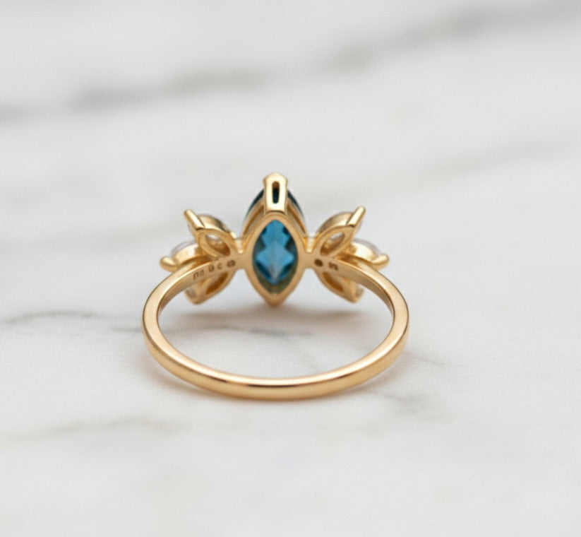 London Blue Topaz Marquise Ring – 5×10 mm with Moissanite Accent Stones | Gold Plated 925 Sterling Silver