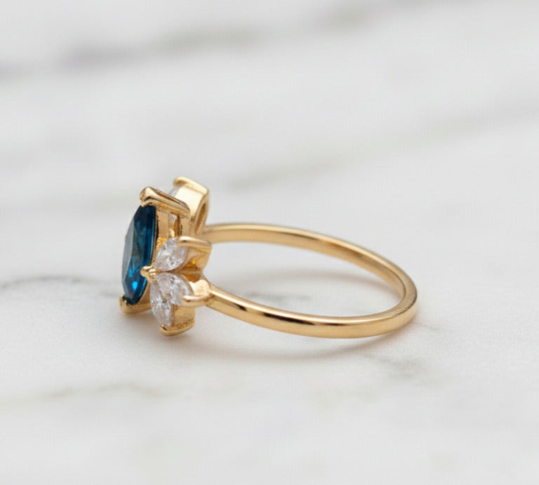 London Blue Topaz Marquise Ring – 5×10 mm with Moissanite Accent Stones | Gold Plated 925 Sterling Silver