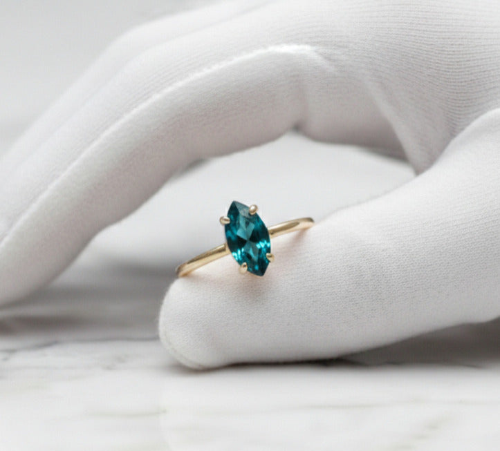 London Blue Topaz Ring – 5×10 mm Marquise Cut | Gold Plated 925 Sterling Silver | Handmade Gemstone Ring