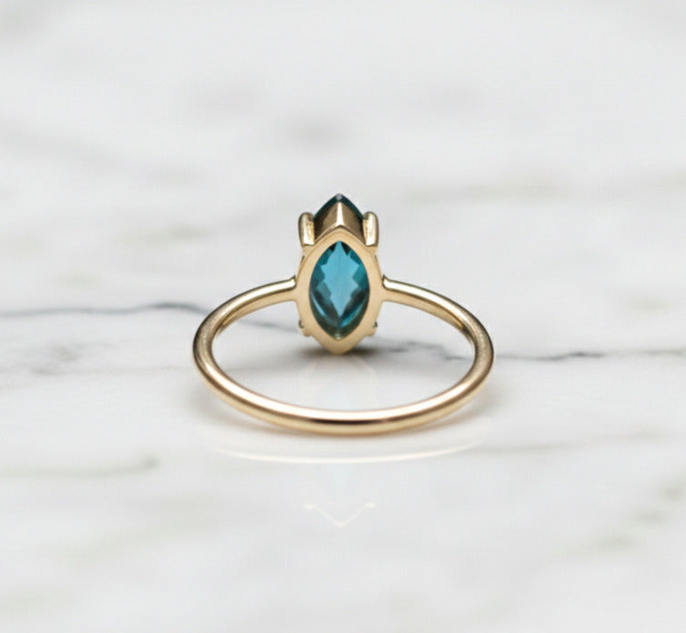 London Blue Topaz Ring – 5×10 mm Marquise Cut | Gold Plated 925 Sterling Silver | Handmade Gemstone Ring