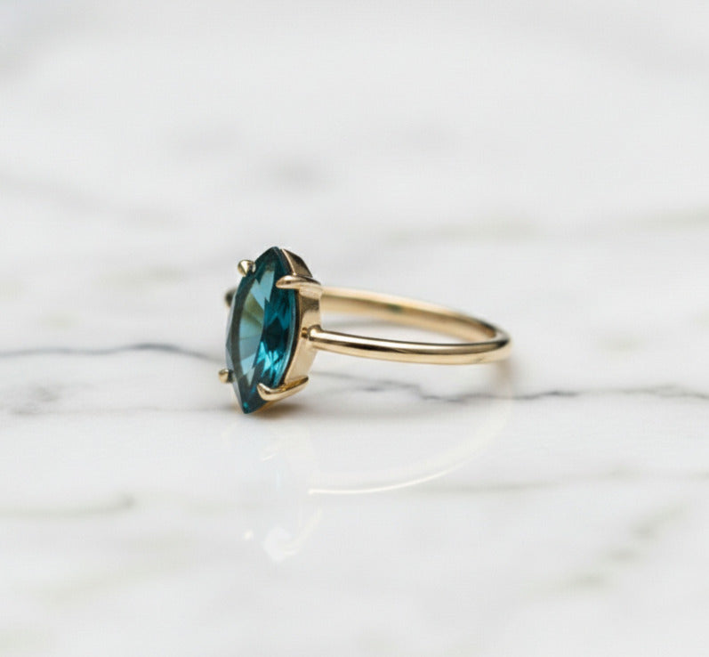London Blue Topaz Ring – 5×10 mm Marquise Cut | Gold Plated 925 Sterling Silver | Handmade Gemstone Ring