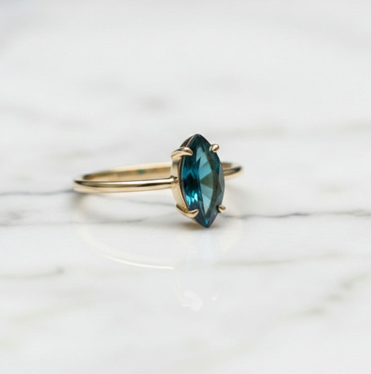 London Blue Topaz Ring – 5×10 mm Marquise Cut | Gold Plated 925 Sterling Silver | Handmade Gemstone Ring