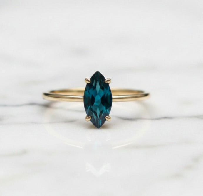 London Blue Topaz Ring – 5×10 mm Marquise Cut | Gold Plated 925 Sterling Silver | Handmade Gemstone Ring
