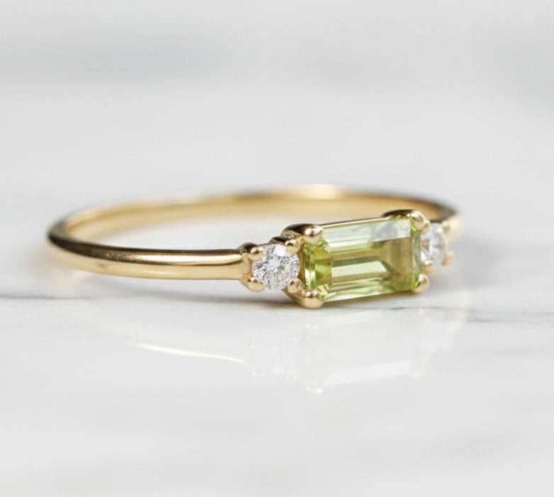 Natural Peridot 4×8 mm Baguette Cut Ring with Moissanite Side Stones in Gold-Plated 925 Sterling Silver