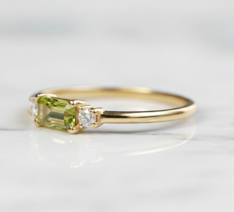 Natural Peridot 4×8 mm Baguette Cut Ring with Moissanite Side Stones in Gold-Plated 925 Sterling Silver