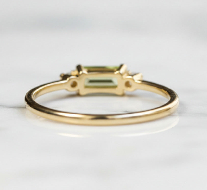 Natural Peridot 4×8 mm Baguette Cut Ring with Moissanite Side Stones in Gold-Plated 925 Sterling Silver