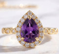 Natural Amethyst Pear Cut 9x13 MM Gold Plated 925 Silver Ring with Moissanite