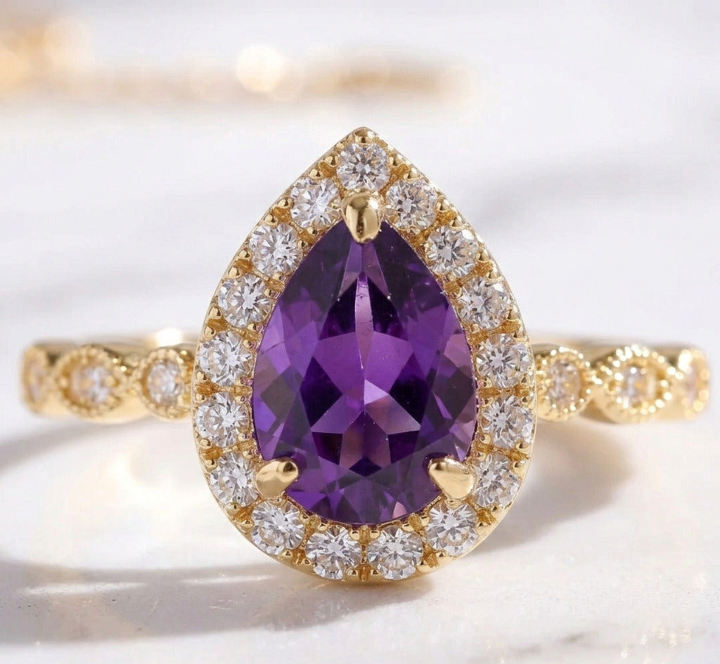 Natural Amethyst Pear Cut 9x13 MM Gold Plated 925 Silver Ring with Moissanite