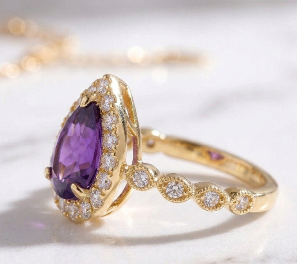 Natural Amethyst Pear Cut 9x13 MM Gold Plated 925 Silver Ring with Moissanite