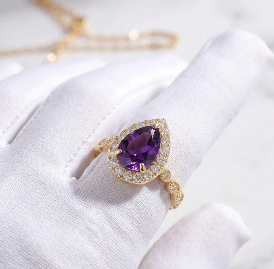 Natural Amethyst Pear Cut 9x13 MM Gold Plated 925 Silver Ring with Moissanite